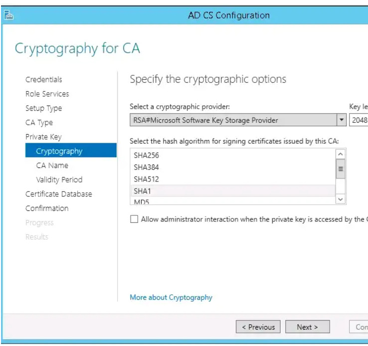 Select Key length and Hash Algorithm