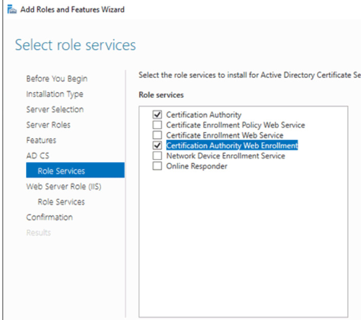 Select Role Services and Certification Authority Web Enrollment